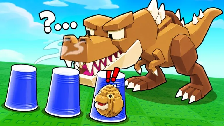 Promotional art of a blocky T-rex looking at three blue cups, with a small dinosaur visible in the right cup.